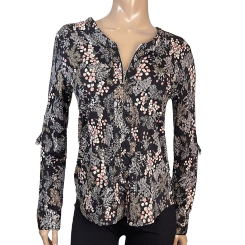 💠Point Zero Floral Long Sleeve Top Black Pink Womens Size Small Zipper Neck